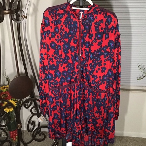 FREE PEOPLE PRE-LOVED AUTHENTIC RED & BLUE FLORAL LONG SLEEVES DRESS/TUNIC DRESS - Picture 1 of 11